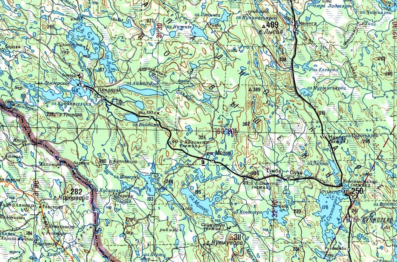 Железнодорожная линия Брусничная — Лендеры  — схемы и топографические карты