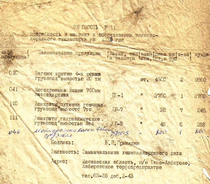 Узкоколейная железная дорога Алфёровского торфопредприятия - документы