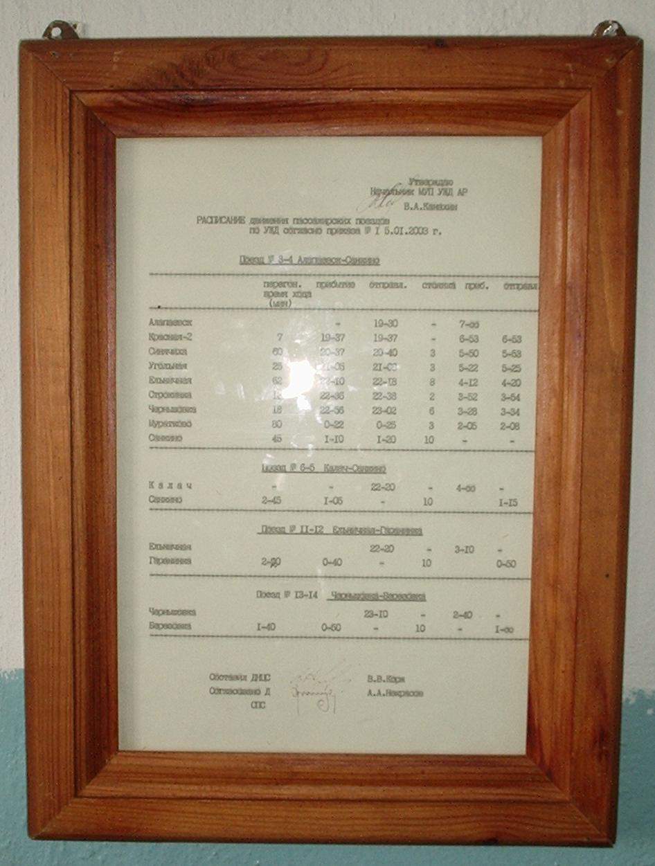 Алапаевская узкоколейная железная дорога — расписание движения пассажирских поездов, действовавшее в 2005 году