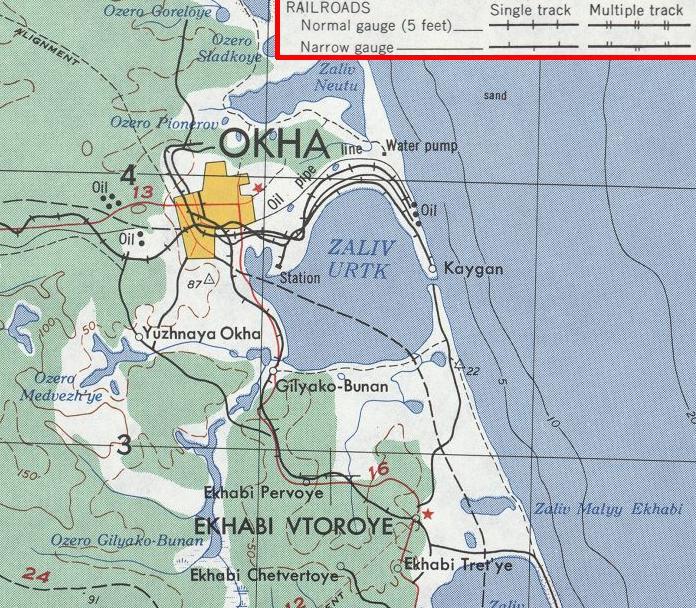 Узкоколейная железная дорога Оха  —  Ноглики  —  топографические карты