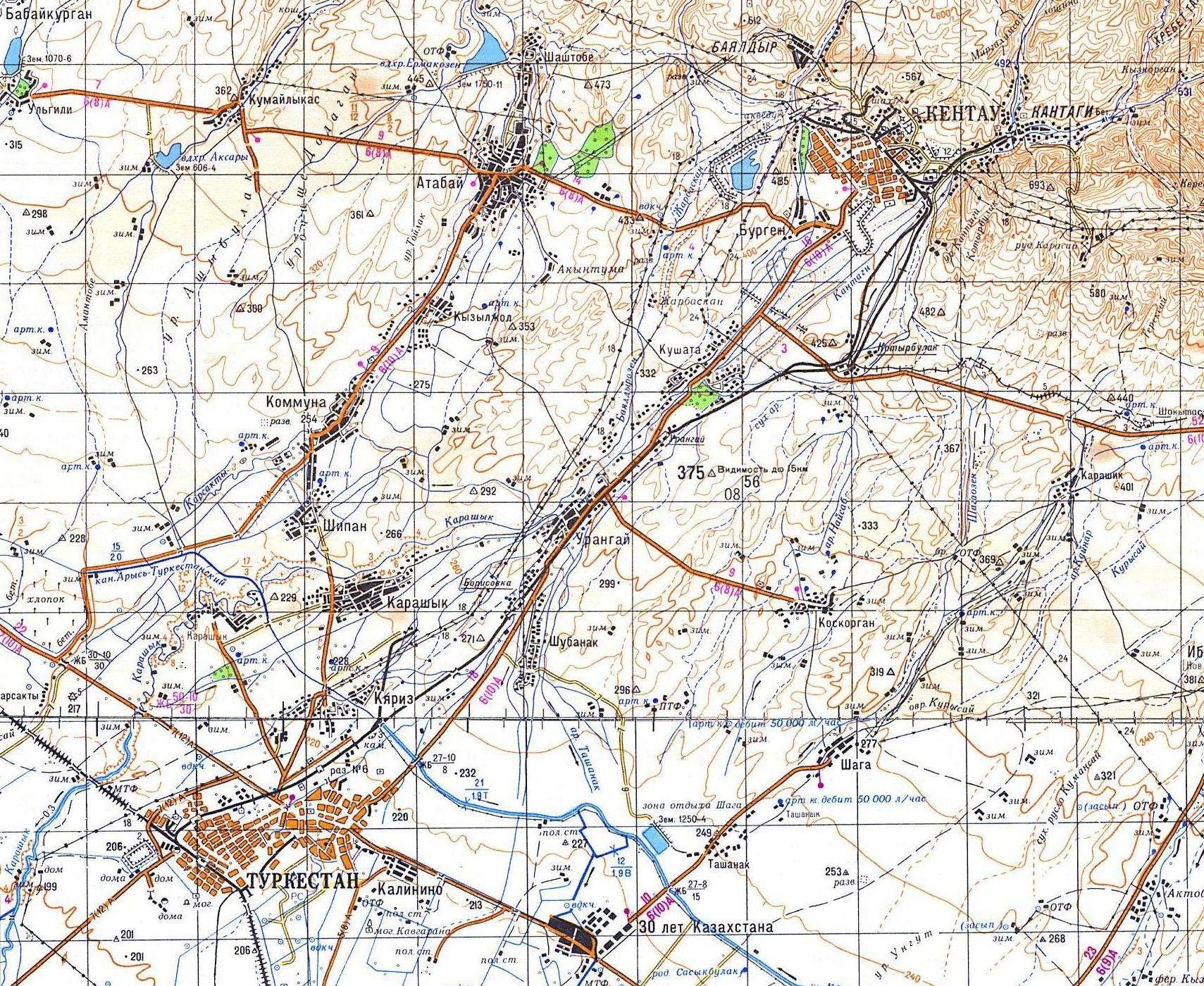 Железнодорожная линия Туркестан — Кентау   —   схемы и топографические карты
