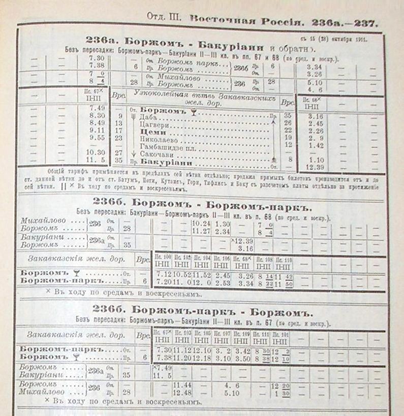 Узкоколейная железная дорога Боржоми  — Бакуриани   —  расписания движения поездов